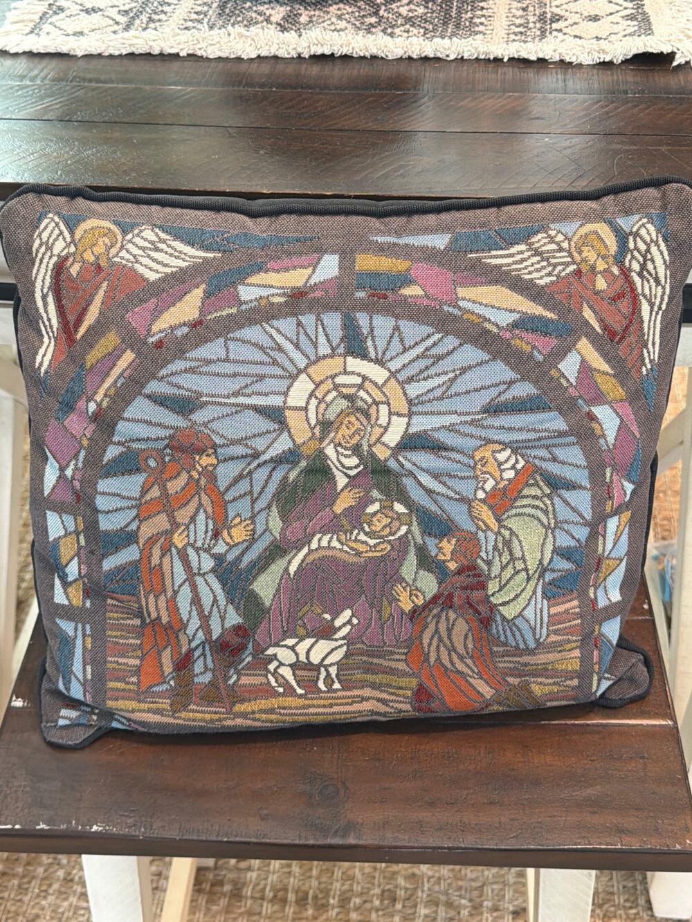 Vintage tapestry Christmas nativity scene pillow
